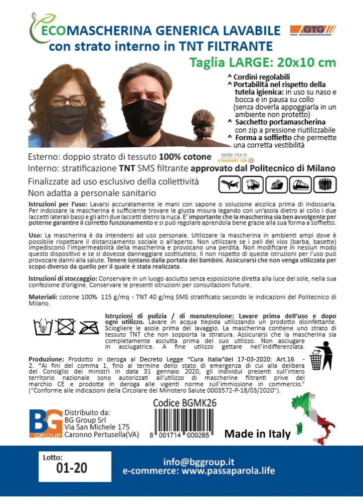 Conf.2 mascherine chirurgiche lavabili CE nere - taglia LARGE - 